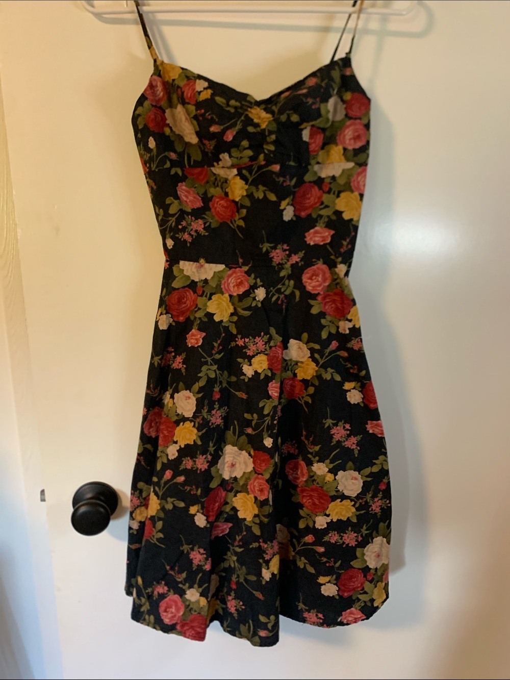 Black Floral Spaghetti-Strap Mini Dress with Red & Yellow Roses